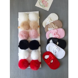 Pempembandana Kız Bebek Babet Çorap Ponpon Bandana Set