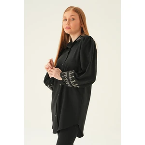 26024 Balon Kol Nakış Detay Tunik Siyah