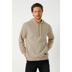Erkek Bej Basic Kapüşonlu Regular Fit Normal Kesim 2 Iplik Kumaş Günlük Sweatshirt