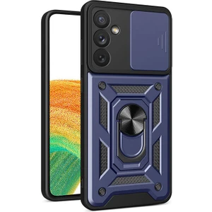 Caseart Samsung Galaxy A34 Kapak Lens Sürgülü Kamera Korumalı Yüzüklü Stantlı Tank Kılıf - Lacivert