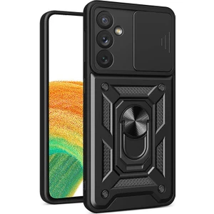 Case World Samsung Galaxy A34 Kapak Lens Sürgülü Kamera Korumalı Yüzüklü Stantlı Tank Kılıf - Siyah