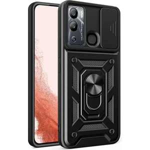 Caseart Infinix Hot 12I Kapak Lens Sürgülü Kamera Korumalı Yüzüklü Stantlı Tank Kılıf - Siyah