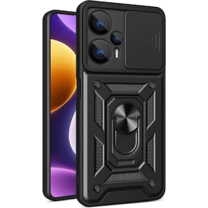 Xiaomi Poco F5 Kapak Lens Sürgülü Kamera Korumalı Yüzüklü Stantlı Tank Kılıf - Siyah