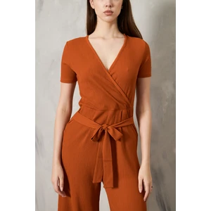 Kruvaze Yaka Kuşaklı Bürümcük Kumaş Tulum