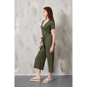 Kruvaze Yaka Kuşaklı Bürümcük Kumaş Tulum