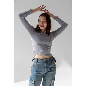 Gri Uzun Kollu Fitilli Bluz Crop Örme T-Shirt