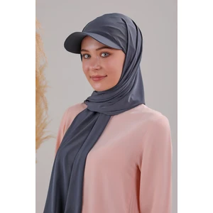 Melodi Scarf Kadın Tesettür Şapkalı Boneli Hazır Şal Koyu Gri Antrasit