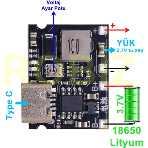 TP4056 18650 Lityum Pil Şarj Modül Type C Ayarlı Voltaj Yükseltici Lion Batarya Akü Dc 3.7V To 28V