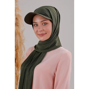 Melodi Scarf Kadın Tesettür Şapkalı Boneli Hazır Şal Haki
