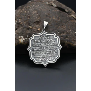 Gümüş Çift Taraflı Ayetel Kürsi Yazılı ve Hz. Süleyman Mührü Kolye Ucu 925 Ayar Gümüş
