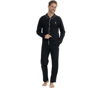 U.S. Polo Assn. 12039 Erkek Uzun Kollu Önden Düğmeli Gömlek Pijama Takım-Siyah