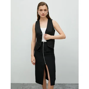 Midi Kalem Etek Önden Yırtmaçlı Fermuarlı Cep Detaylı Yüksek Bel