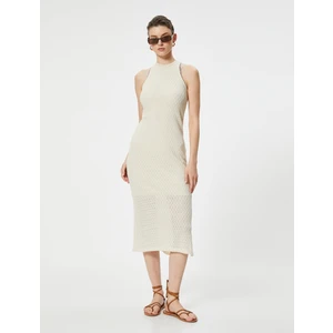 Midi Elbise Kolsuz Bisiklet Yaka Yırtmaç Detaylı Ajurlu