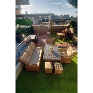 Eren Rattan Puflu Bahçe Balkon Takımı 3+1+1 Kahve