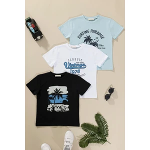 For You Kids 3'lü Safari Baskılı Siyah Beyaz Mavi Tshirt
