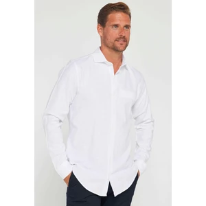 Slim Fit Kısa Kollu Dar Kesim Keten Doku Düz Beyaz Yazlık Erkek Gömlek