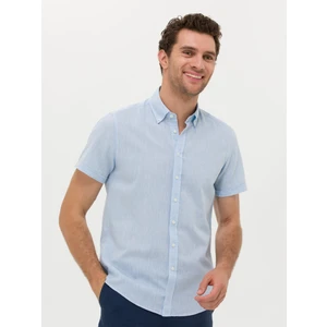 Erkek Açık Mavi Slim Fit Keten Karışımlı Kısakol Gömlek 50269570-VR003