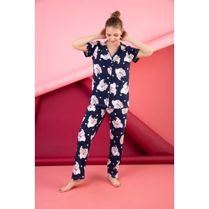 Kadın Düğmeli Desenli Pijama Takımı Kısa Kollu Takım 1974