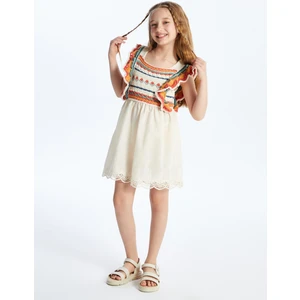 Giron - Örgü Detaylı ve Keten Astarlı Elbise - Ekru/turuncu