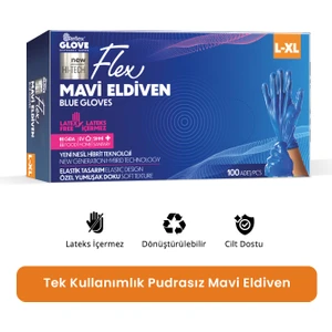 Flex Eldiven Tek Kullanımlık Pudrasız Mavi L - XL Beden Eldiven 100’lü