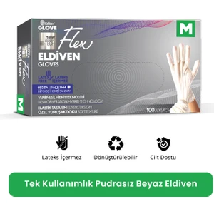 Flex Eldiven Tek Kullanımlık Pudrasız Beyaz M Beden Eldiven 100’lü