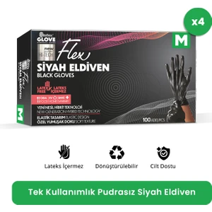 Flex Eldiven Tek Kullanımlık Pudrasız Siyah M Beden Eldiven 4 x 100'lü