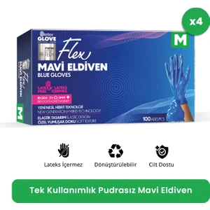 Flex Eldiven Tek Kullanımlık Pudrasız Mavi M Beden Eldiven 4 x 100'lü
