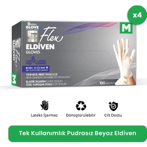 Flex Eldiven Tek Kullanımlık Pudrasız Beyaz M Beden Eldiven 4 x 100'lü