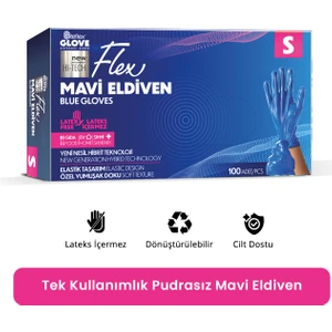 Flex Eldiven Tek Kullanımlık Pudrasız Mavi S Beden Eldiven 100’lü