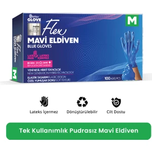 Flex Eldiven Tek Kullanımlık Pudrasız Mavi M Beden Eldiven 100’lü