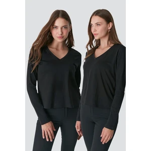V Yaka Uzun Kol 2'li Basic T-Shirt 954 Siyah