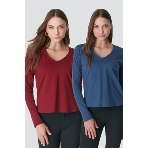 V Yaka Uzun Kol 2'li Basic T-Shirt 954 İndigo/Bordo