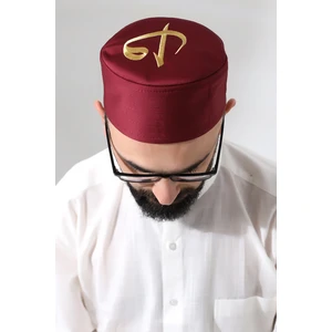 Bordo Kapitone Elif Vav Nakışlı Kalıp Namaz Takkesi