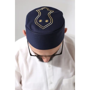 Lacivert Kapitone Nalı Şerif Nakışlı Kalıp Namaz Takkesi