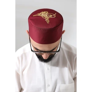 Bordo Kapitone Osmanlı Tuğrası Nakışlı Kalıp Namaz Takkesi