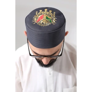 Gri Kapitone Osmanlı Arma Nakışlı Kalıp Namaz Takkesi