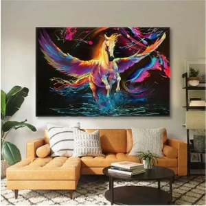 Ar Ajans Kanvas Tablo Neon Renkler Kanatlı Uçan At Asil Pegasus Mistik Kanvas Tablo