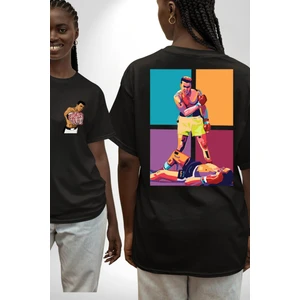 Muhammed Ali Boks Ayağa Kalk ve Dövüş Siyah Oversize Kadın Erkek Ön ve Sırt Baskılı T-Shirt