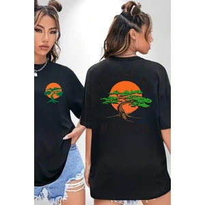 Miyagi-Do Karete Çocuk Logo Dizi Bonzai Ağaç Siyah Oversize Kadın Erkek Ön ve Sırt Baskılı T-Shirt