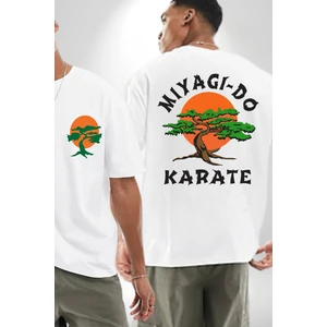 Miyagi-Do Karete Çocuk Logo Dizi Bonzai Ağaç Beyaz Oversize Kadın Erkek Ön ve Sırt Baskılı T-Shirt
