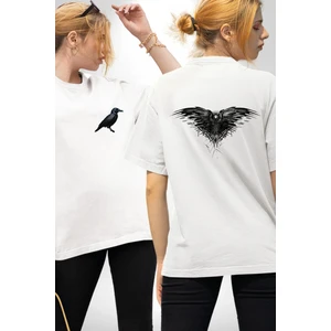 3 Gözlü Kuzgun Beyaz Oversize Kadın Erkek Ön ve Sırt Baskılı T-Shirt