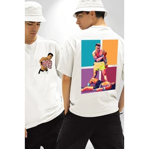 Muhammed Ali Boks Ayağa Kalk ve Dövüş Beyaz Oversize Kadın Erkek Ön ve Sırt Baskılı T-Shirt