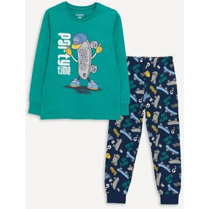 LC Waikiki Lcw Kids Bisiklet Yaka Baskılı Uzun Kollu Erkek Çocuk Pijama Takımı