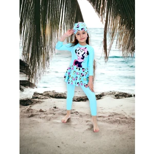 Lolli Boom Kids  Yeni Sezon Hassas Ten Uzun Tayt Üzeri Uzun Kol Etekli Mayo Takımı Bone Dahil 3lü Set Açık Mavi Mickey Desenli