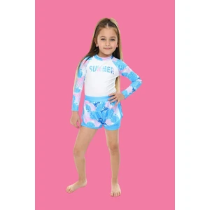 Lolli Boom Kids  Yeni Sezon Hassas Ten Tayt Şortlu Uzun Kollu Mavi Beyaz Renk  Mayo Takımı 2 Parça