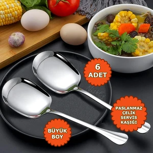 6'lı Lüks Servis Kaşığı Seti Büyük Boy Paslanmaz Çelik Kaşık Salata Pasta Yemek Servis Mutfak Kaşığı