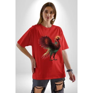 Anka Kuşu Ateş Kuşu Pamuklu Bisiklet Yaka Kadın Erkek Oversize Boyfriend Dijital Baskılı Kırmızı T-Shirt