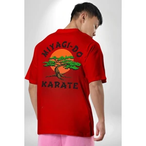 Miyagi-Do Karete Çocuk Logo Dizi Bonzai Ağaç Kırmızı Oversize Kadın Erkek Ön ve Sırt Baskılı T-Shirt