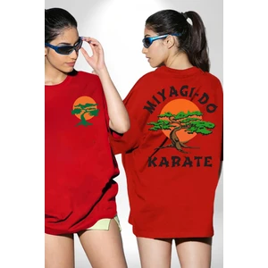 Miyagi-Do Karete Çocuk Logo Dizi Bonzai Ağaç Kırmızı Oversize Kadın Erkek Ön ve Sırt Baskılı T-Shirt