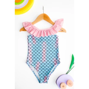 Lolli Boom Kids  Kız Çocuk Pastel Renk Balıksırtı Desen Fırfır Yaka Detaylı Mayo Yeni Sezon